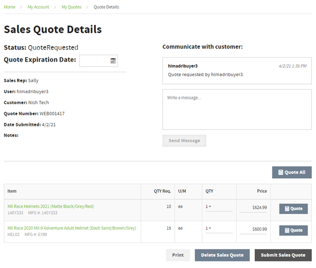 Optimizely B2B Commerce request for quote