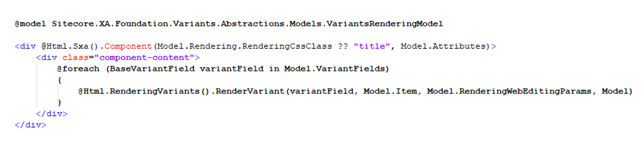 View of the CSHTML file loop inside the variant fields