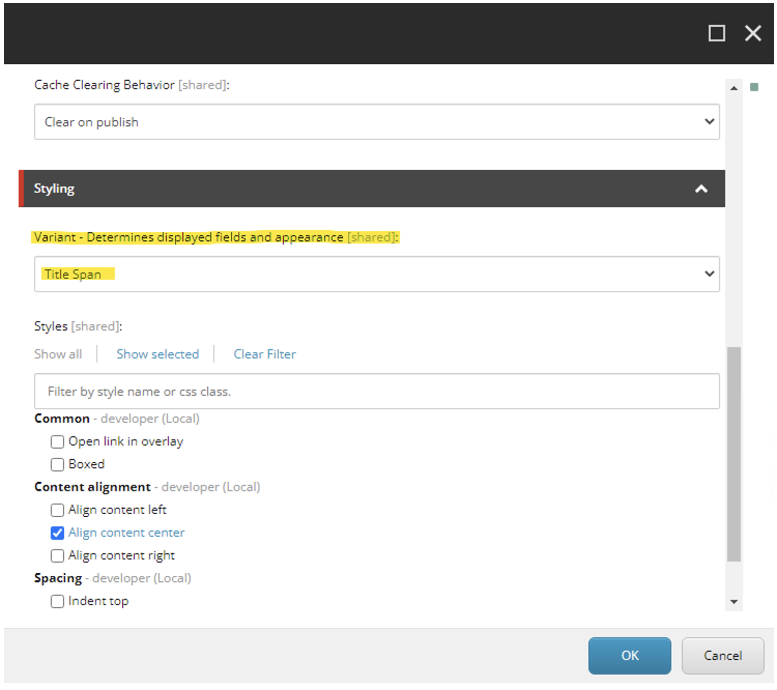 Variant dropdown field view in the Experience Editor