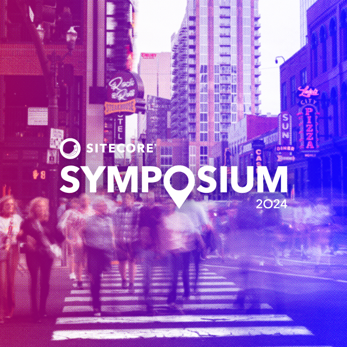 Bustling downtown Nashville street with colorful overlay and Sitecore Symposium logo