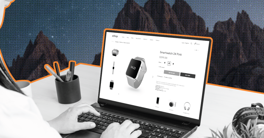Woman online shopping on desktop computer at work desk browsing smart watches online