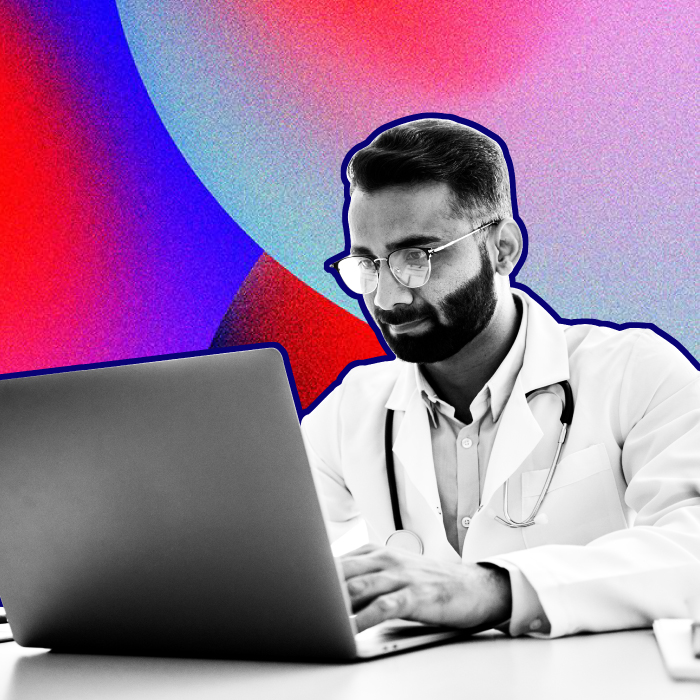 Doctor on laptop entering data collage 