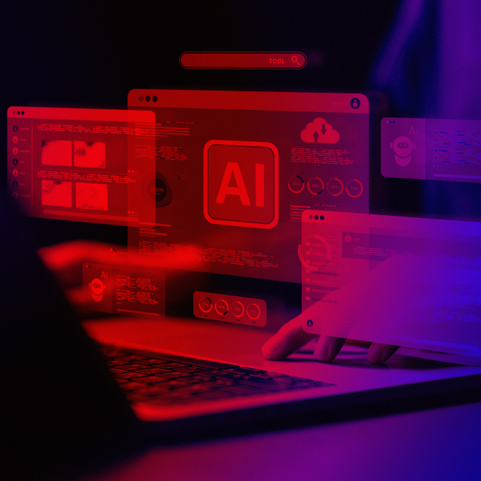 Computer with Ai graphics floating around it