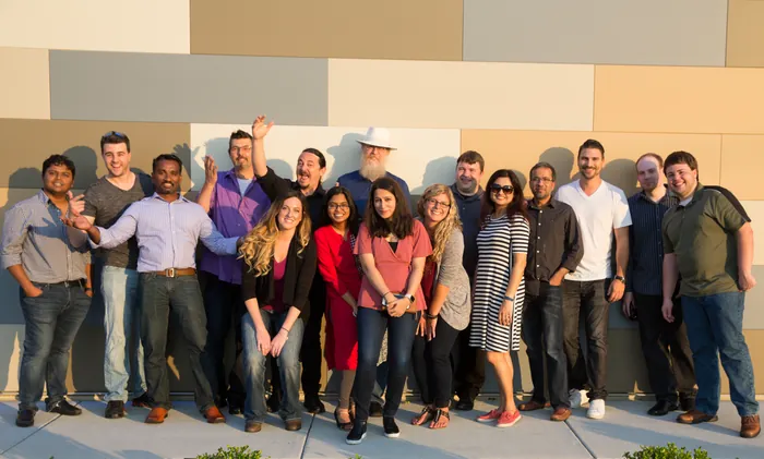 A large group photograph of the Nishtech team, 2017.
